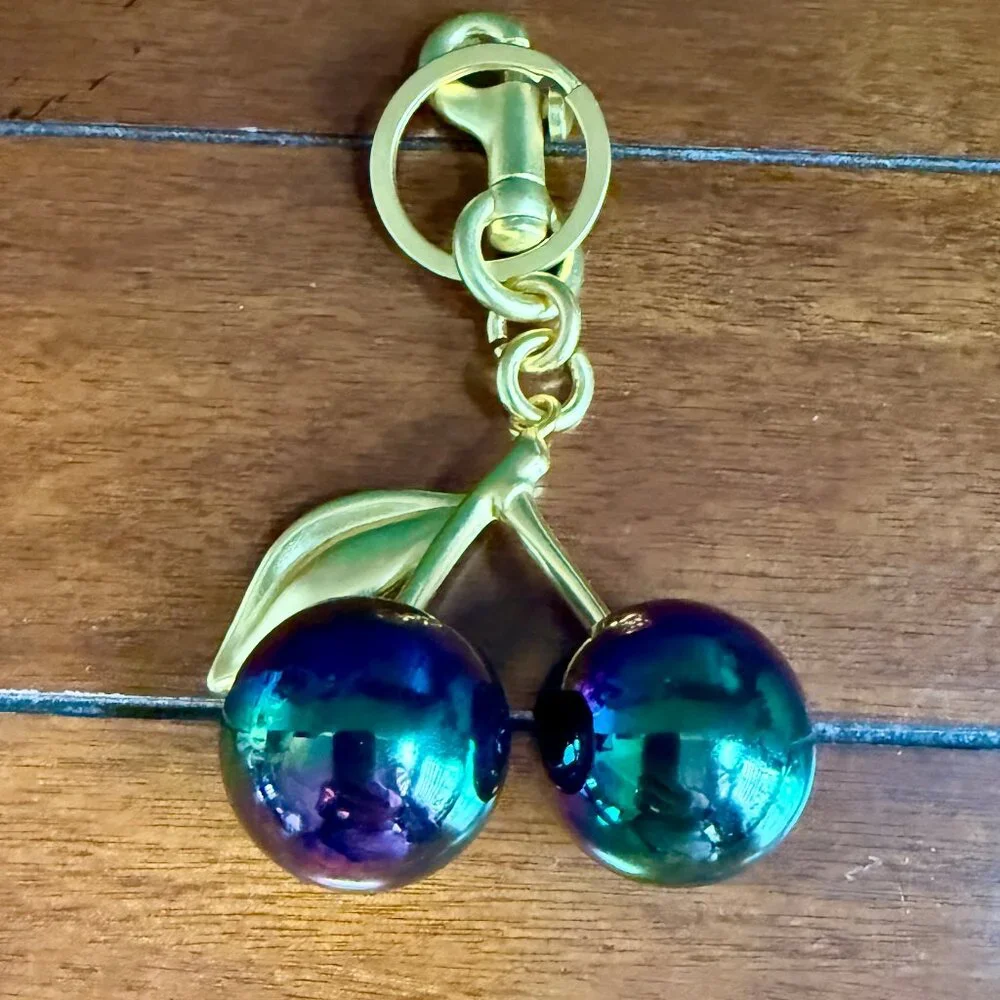NEW Iridescent Rainbow Cherry Bag Charm & Lobster Clasp Keychain in Gold Tone